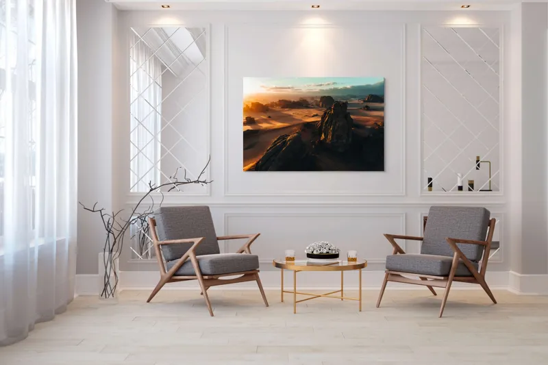 Tablou Canvas, "Pietrele tainice ale apusului etern", Deșert, Răsărit, Relief, Nisip, Roci, Umbre, Peisaj, Cer, Noros, Lumină., 150 x 100 cm – poza 7