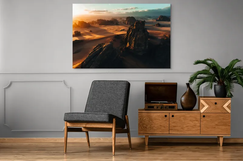 Tablou Canvas, "Pietrele tainice ale apusului etern", Deșert, Răsărit, Relief, Nisip, Roci, Umbre, Peisaj, Cer, Noros, Lumină., 150 x 100 cm – poza 8