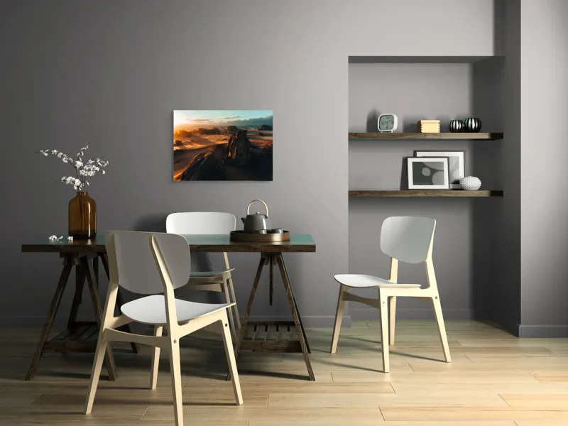 Tablou Canvas, "Pietrele tainice ale apusului etern", Deșert, Răsărit, Relief, Nisip, Roci, Umbre, Peisaj, Cer, Noros, Lumină., 70 x 50 cm – poza 5