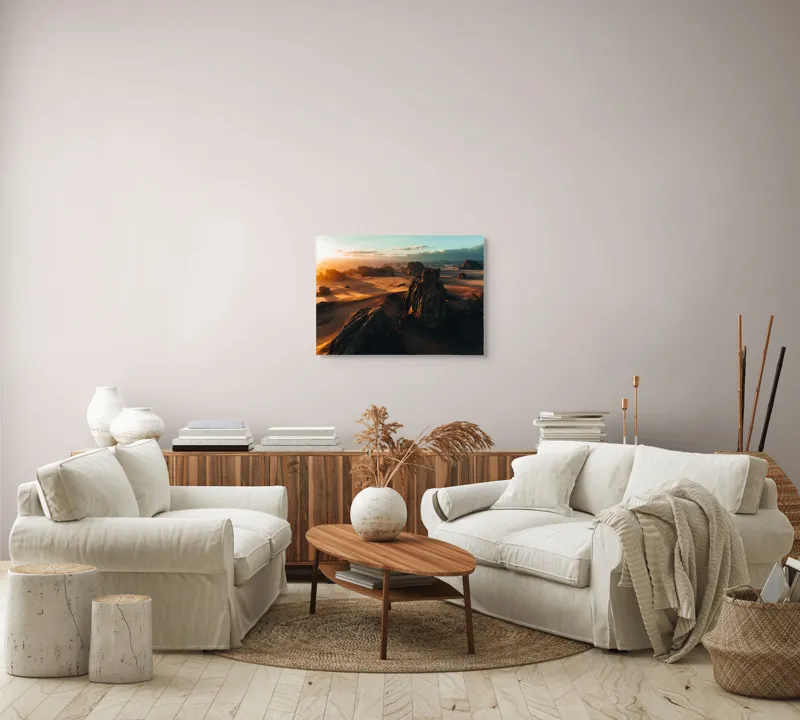 Tablou Canvas, "Pietrele tainice ale apusului etern", Deșert, Răsărit, Relief, Nisip, Roci, Umbre, Peisaj, Cer, Noros, Lumină., 70 x 50 cm – poza 6