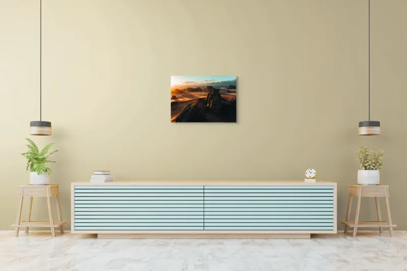 Tablou Canvas, "Pietrele tainice ale apusului etern", Deșert, Răsărit, Relief, Nisip, Roci, Umbre, Peisaj, Cer, Noros, Lumină., 70 x 50 cm – poza 7