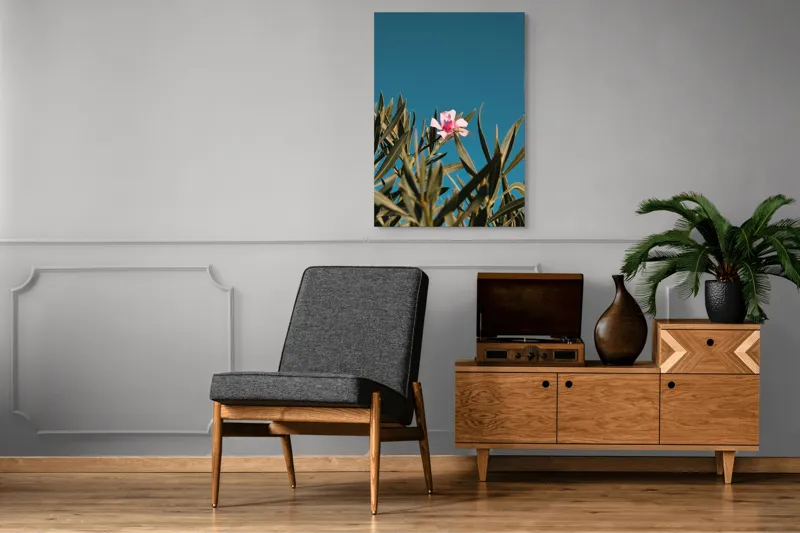 Tablou Canvas, "Floare roz în bătaia soarelui", Floare, Roz, Frunze, Verde, Cer, Albastru, Ușor, Luminos, Natură, Contrast., 70 x 100 cm – poza 6