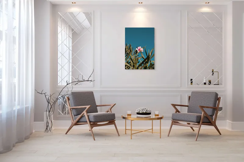 Tablou Canvas, "Floare roz în bătaia soarelui", Floare, Roz, Frunze, Verde, Cer, Albastru, Ușor, Luminos, Natură, Contrast., 70 x 100 cm – poza 8