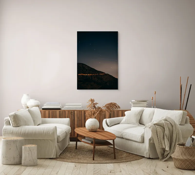 Tablou Canvas, "Stele peste dealuri întunecate", Stele, Cer, Munți, Întuneric, Linie, Lumină, Noapte, Orizont, Peisaj, 70 x 100 cm – poza 4