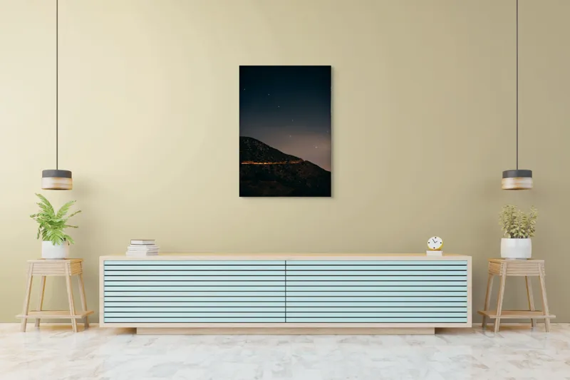 Tablou Canvas, "Stele peste dealuri întunecate", Stele, Cer, Munți, Întuneric, Linie, Lumină, Noapte, Orizont, Peisaj, 70 x 100 cm – poza 5