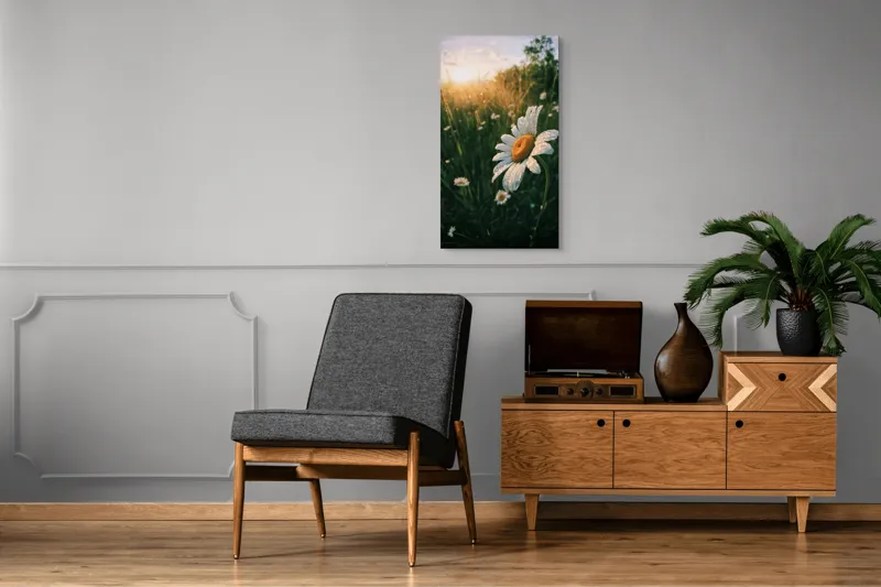 Tablou Canvas, "Strălucirea dimineții pe câmp de margarete", Floare, Apus, Roua, Câmp, Natură, Lumină, Frumusețe, 50 x 90 cm – poza 8