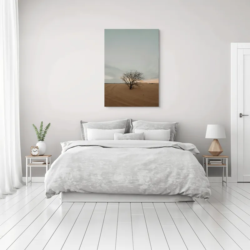 Tablou Canvas, "Solitar în deșert la asfințit", Deșert, Singurătate, Copac, Cer, Melancolie, 70 x 100 cm – poza 3