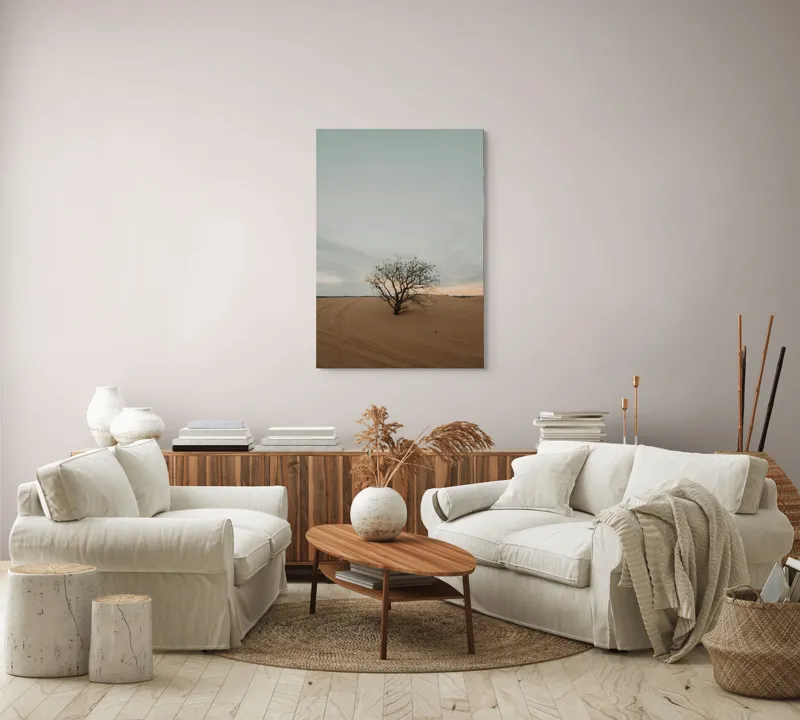 Tablou Canvas, "Solitar în deșert la asfințit", Deșert, Singurătate, Copac, Cer, Melancolie, 70 x 100 cm – poza 4