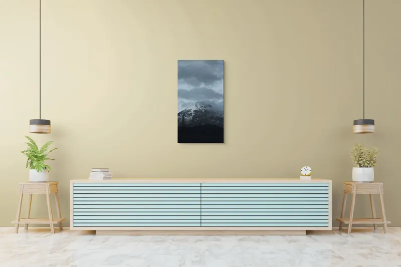 Tablou Canvas, "Norii dansează pe vârf de munte", Muntoasă, Înzăpezită, Norii, Întunecată, Tainică, Impresionantă, 50 x 90 cm – poza 6