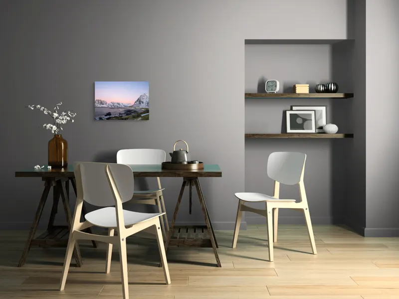 Tablou Canvas, "Apus înghețat la țărmul nordic", Cer, Zăpadă, Munți, Apus, Liniște, Peisaj, Natură, Ocean, Stânci, Pajiște, 54 x 39 cm – poza 6
