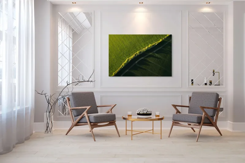 Tablou Canvas, "Umbre lungi pe câmp verde intens", Verde, Linie, Umbre, Drum, Peisaj, Natura, Lumina, Contrast, Camp, Orizont, Textura, 150 x 100 cm – poza 7