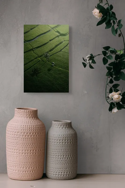 Tablou Canvas, "Umbrele serii peste orezărie", Verde, Lanuri, Palmier, Umbre, Colibe, Apus, Natură, Liniște, 26 x 39 cm – poza 6