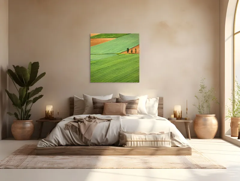 Tablou Canvas, "Campuri verzi cu arbori in linie", Câmpie, Verde, Pom, Lanuri, Natură, Linii, Peisaj, Simetrie, 100 x 100 cm – poza 4