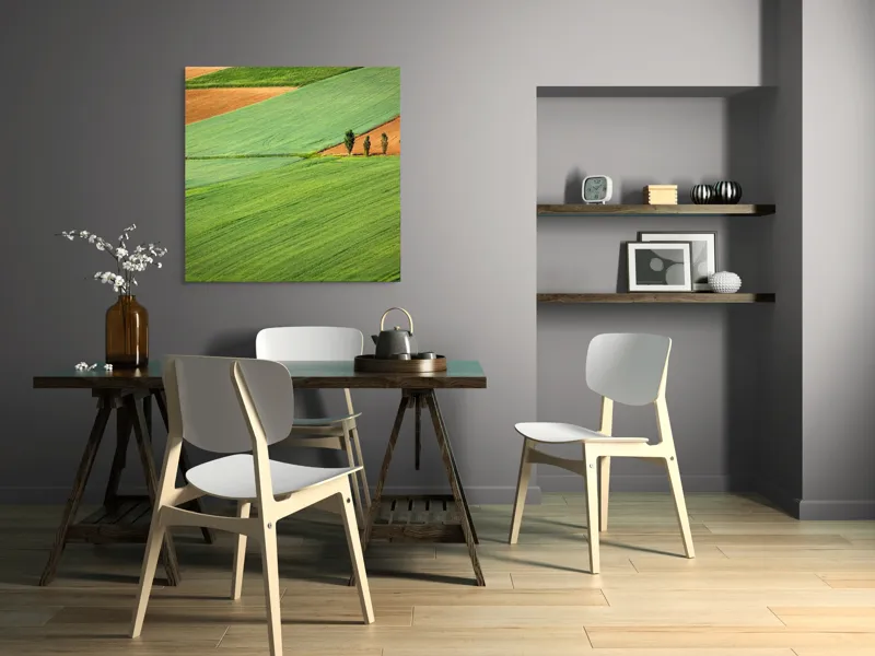 Tablou Canvas, "Campuri verzi cu arbori in linie", Câmpie, Verde, Pom, Lanuri, Natură, Linii, Peisaj, Simetrie, 100 x 100 cm – poza 6