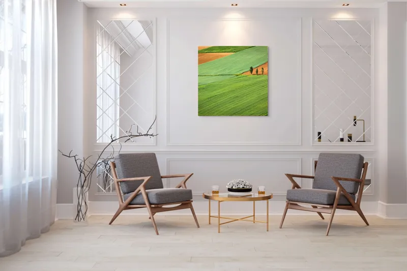Tablou Canvas, "Campuri verzi cu arbori in linie", Câmpie, Verde, Pom, Lanuri, Natură, Linii, Peisaj, Simetrie, 100 x 100 cm – poza 7