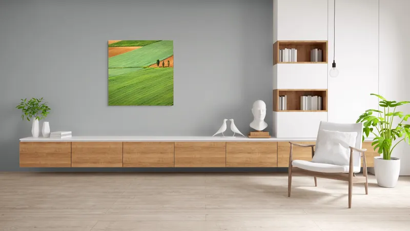 Tablou Canvas, "Campuri verzi cu arbori in linie", Câmpie, Verde, Pom, Lanuri, Natură, Linii, Peisaj, Simetrie, 100 x 100 cm – poza 8