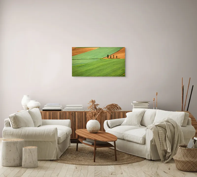 Tablou Canvas, "Campuri verzi cu arbori in linie", Câmpie, Verde, Pom, Lanuri, Natură, Linii, Peisaj, Simetrie, 90 x 50 cm – poza 4