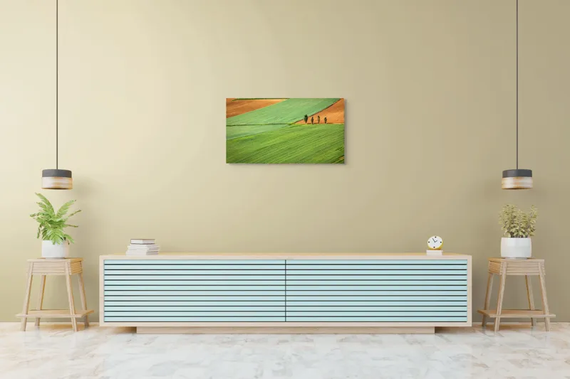 Tablou Canvas, "Campuri verzi cu arbori in linie", Câmpie, Verde, Pom, Lanuri, Natură, Linii, Peisaj, Simetrie, 90 x 50 cm – poza 5