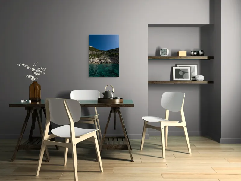 Tablou Canvas, "Cer senin și apă cristalină", Mare, Stânci, Vegetație, Cer, Albastru, Liniște, Natură, Claritate, Verde, Apă, 50 x 70 cm – poza 5