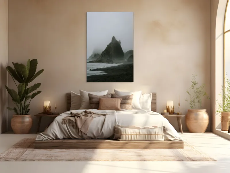 Tablou Canvas, "Ceața peste stâncile misterioase ale mării", Ceață, Stânci, Valuri, Plajă, Pini, Cer, Mister, Natură, Liniște, 100 x 150 cm – poza 3