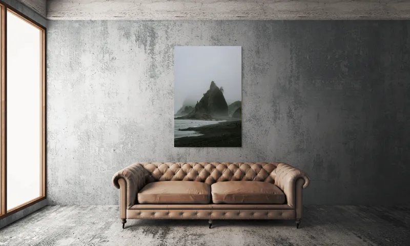 Tablou Canvas, "Ceața peste stâncile misterioase ale mării", Ceață, Stânci, Valuri, Plajă, Pini, Cer, Mister, Natură, Liniște, 100 x 150 cm – poza 6