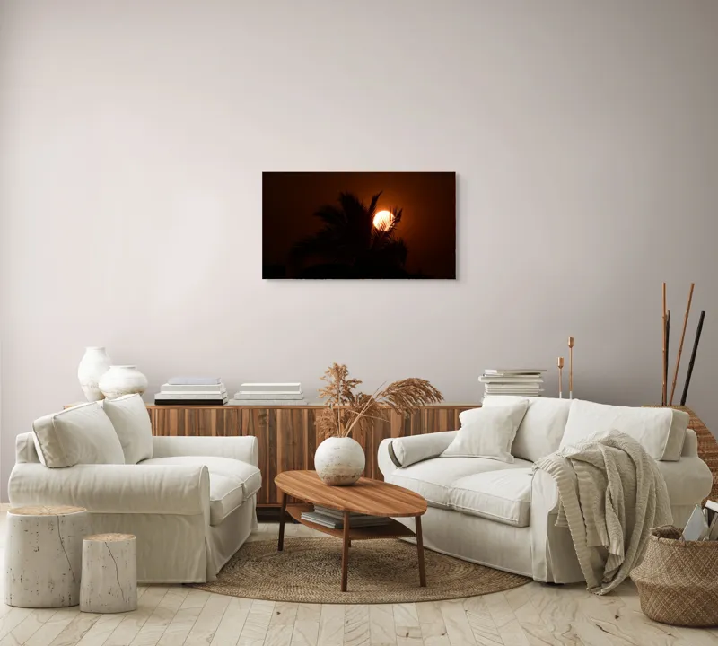 Tablou Canvas, "Palmier la apus de soare", Apus, Siluetă, Frunze, Palmier, Cer, Portocaliu, Contrast, Relaxare, Ocean, Mister, 90 x 50 cm – poza 4