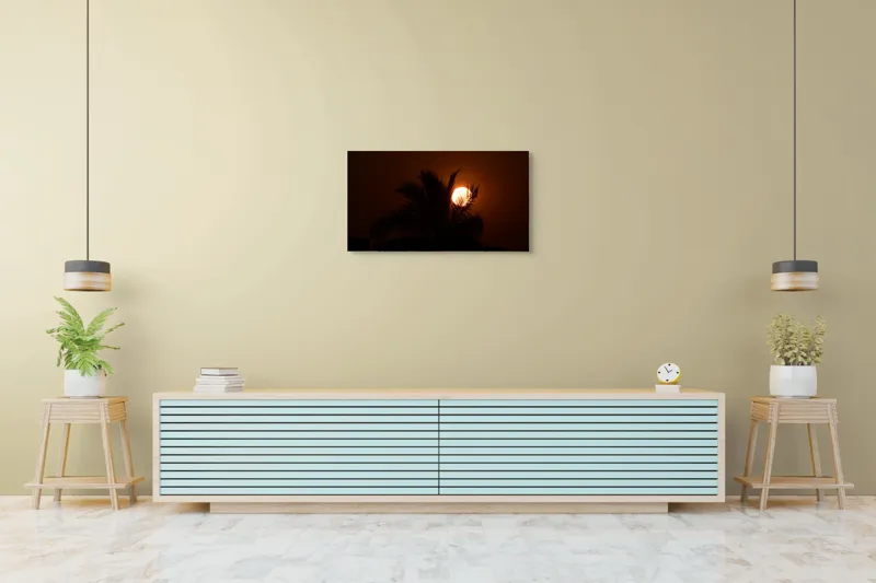 Tablou Canvas, "Palmier la apus de soare", Apus, Siluetă, Frunze, Palmier, Cer, Portocaliu, Contrast, Relaxare, Ocean, Mister, 90 x 50 cm – poza 5