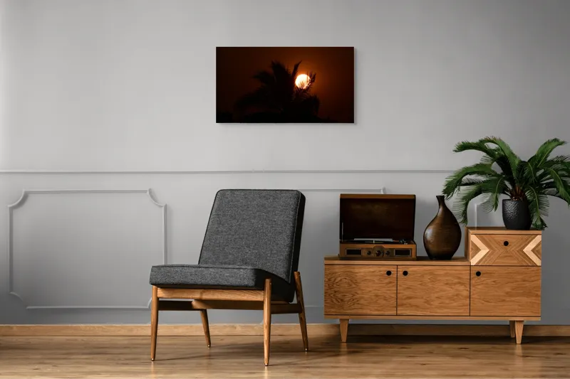 Tablou Canvas, "Palmier la apus de soare", Apus, Siluetă, Frunze, Palmier, Cer, Portocaliu, Contrast, Relaxare, Ocean, Mister, 90 x 50 cm – poza 6
