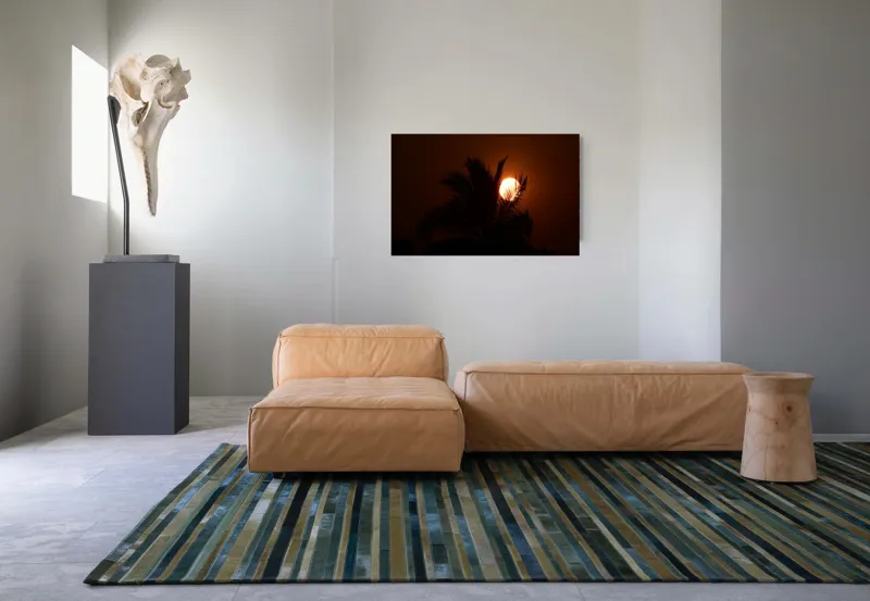 Tablou Canvas, "Palmier la apus de soare", Apus, Siluetă, Frunze, Palmier, Cer, Portocaliu, Contrast, Relaxare, Ocean, Mister, 90 x 50 cm – poza 8
