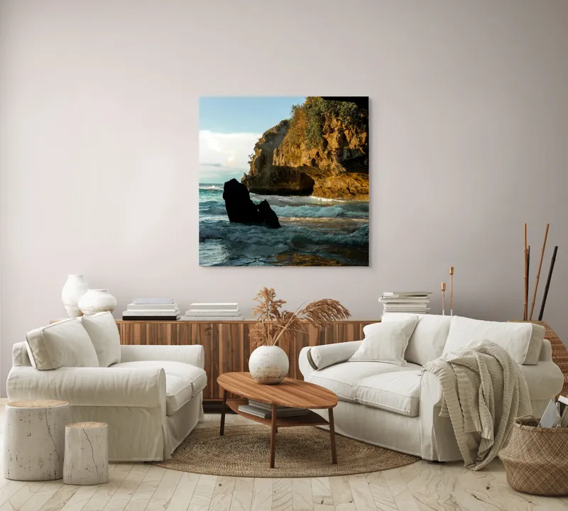 Tablou Canvas, "Refugiu sălbatic la apusul mării", Stâncă, Valuri, Apus, Lumină, Peisaj, Natură, Cer, Mare, Reflexie, Umbre, 100 x 100 cm – poza 3