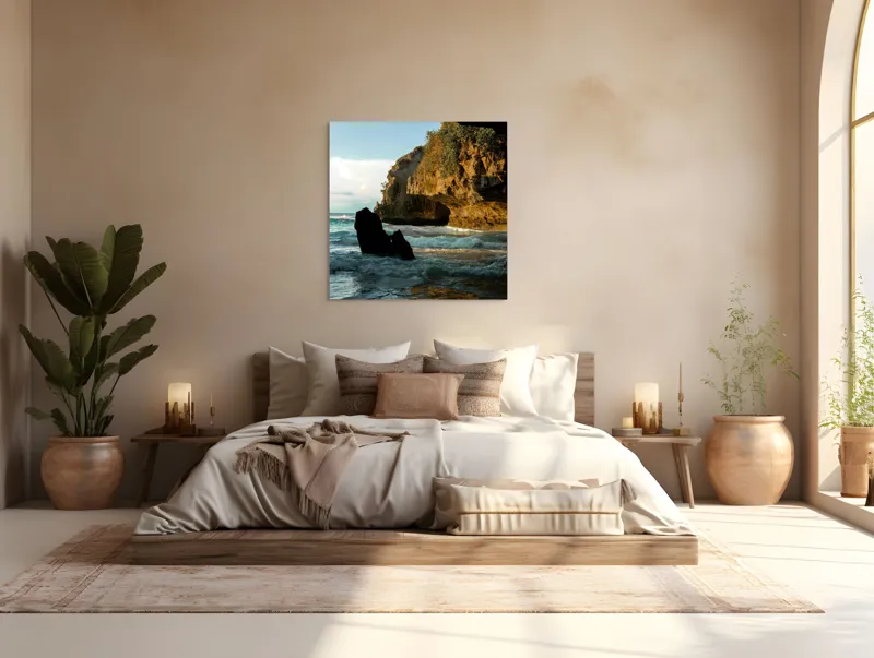 Tablou Canvas, "Refugiu sălbatic la apusul mării", Stâncă, Valuri, Apus, Lumină, Peisaj, Natură, Cer, Mare, Reflexie, Umbre, 100 x 100 cm – poza 4