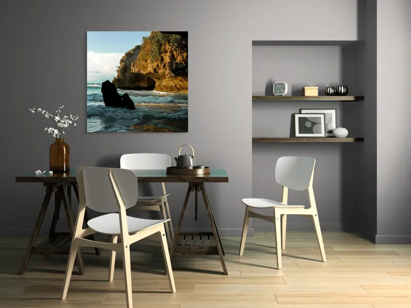 Tablou Canvas, "Refugiu sălbatic la apusul mării", Stâncă, Valuri, Apus, Lumină, Peisaj, Natură, Cer, Mare, Reflexie, Umbre, 100 x 100 cm – poza 6