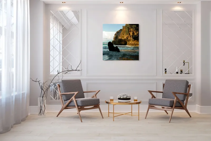 Tablou Canvas, "Refugiu sălbatic la apusul mării", Stâncă, Valuri, Apus, Lumină, Peisaj, Natură, Cer, Mare, Reflexie, Umbre, 100 x 100 cm – poza 7