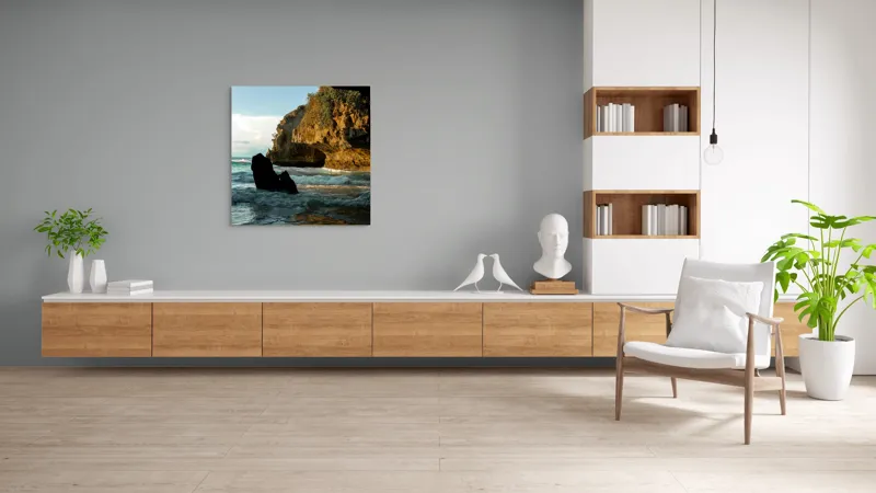 Tablou Canvas, "Refugiu sălbatic la apusul mării", Stâncă, Valuri, Apus, Lumină, Peisaj, Natură, Cer, Mare, Reflexie, Umbre, 100 x 100 cm – poza 8