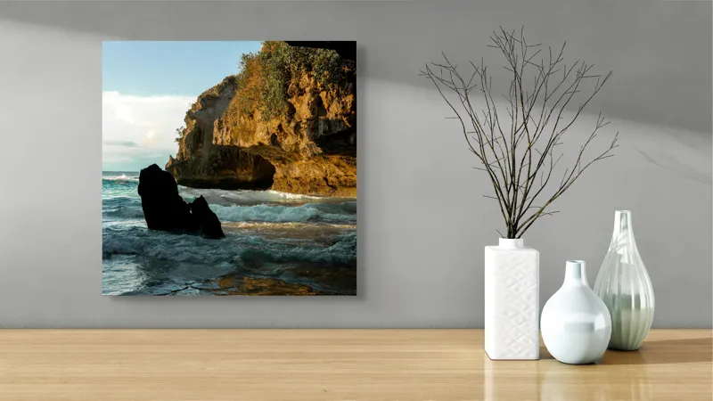 Tablou Canvas, "Refugiu sălbatic la apusul mării", Stâncă, Valuri, Apus, Lumină, Peisaj, Natură, Cer, Mare, Reflexie, Umbre, 50 x 50 cm – poza 3
