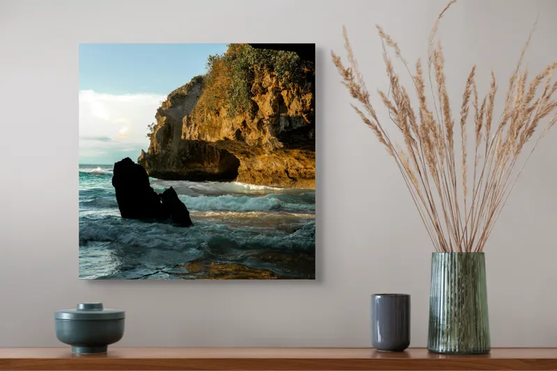 Tablou Canvas, "Refugiu sălbatic la apusul mării", Stâncă, Valuri, Apus, Lumină, Peisaj, Natură, Cer, Mare, Reflexie, Umbre, 50 x 50 cm – poza 4