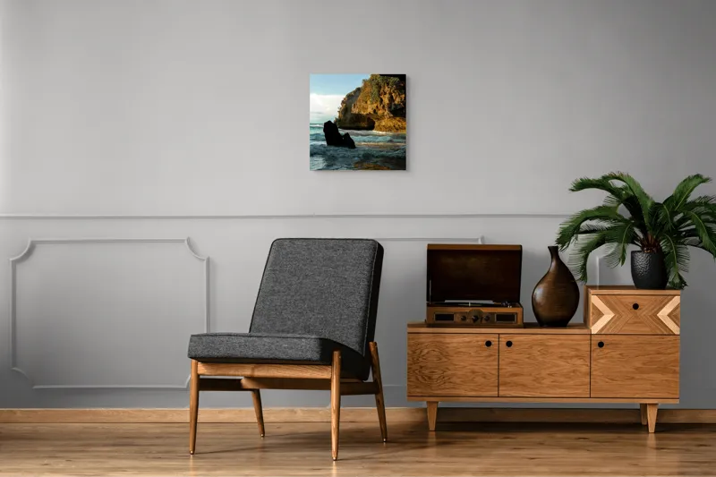 Tablou Canvas, "Refugiu sălbatic la apusul mării", Stâncă, Valuri, Apus, Lumină, Peisaj, Natură, Cer, Mare, Reflexie, Umbre, 50 x 50 cm – poza 6