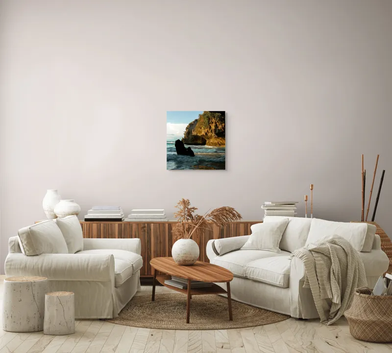 Tablou Canvas, "Refugiu sălbatic la apusul mării", Stâncă, Valuri, Apus, Lumină, Peisaj, Natură, Cer, Mare, Reflexie, Umbre, 50 x 50 cm – poza 7