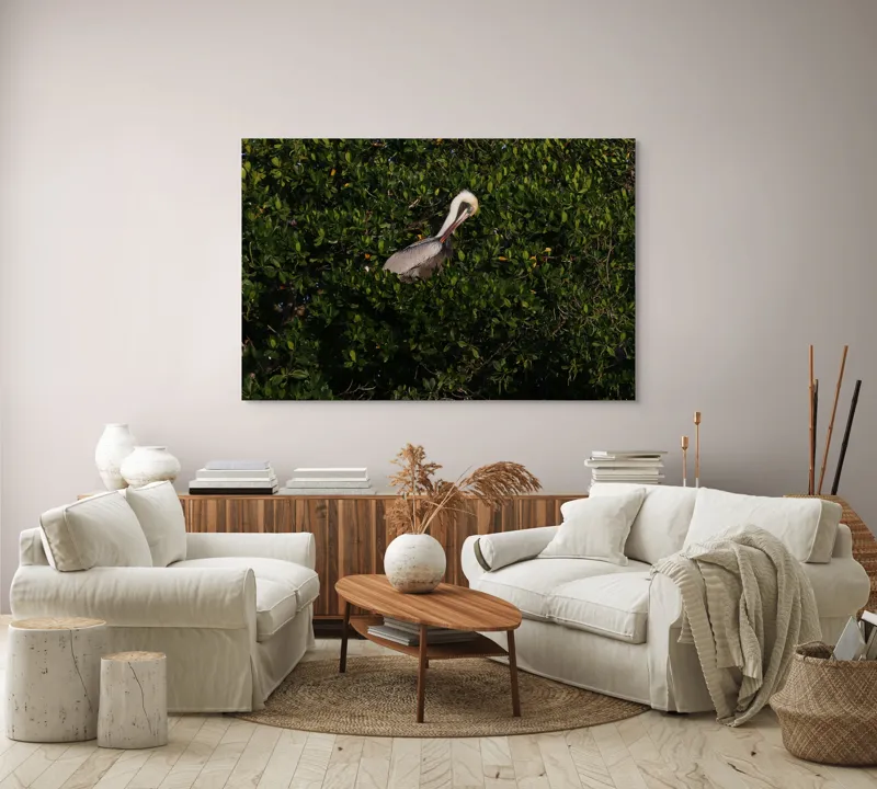 Tablou Canvas, "Pelicani printre frunze verzi", Pelican, Frunze, Verdeață, Lumină, Natură, Penaj, Odihnă, Camuflaj., 150 x 100 cm – poza 3