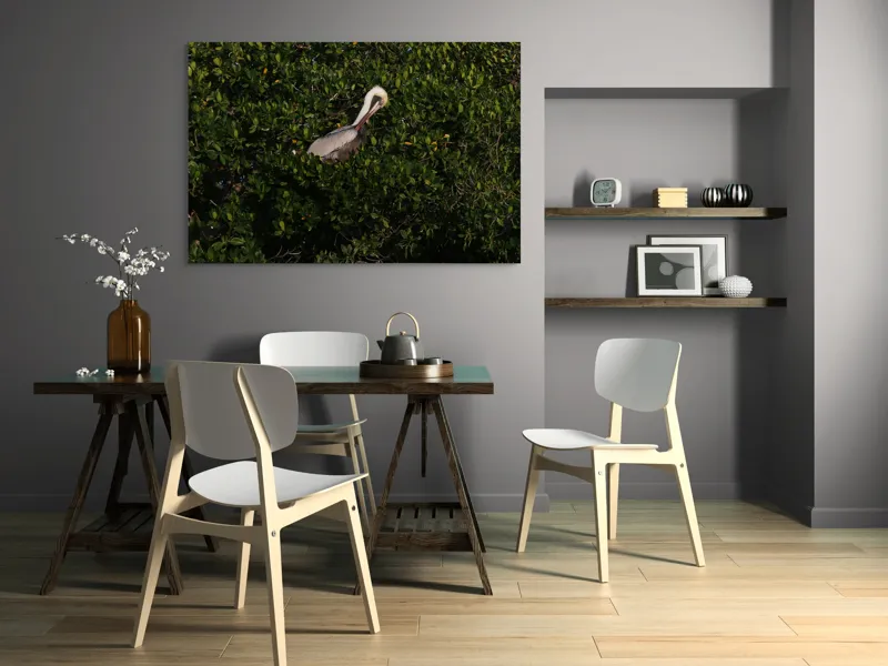 Tablou Canvas, "Pelicani printre frunze verzi", Pelican, Frunze, Verdeață, Lumină, Natură, Penaj, Odihnă, Camuflaj., 150 x 100 cm – poza 5