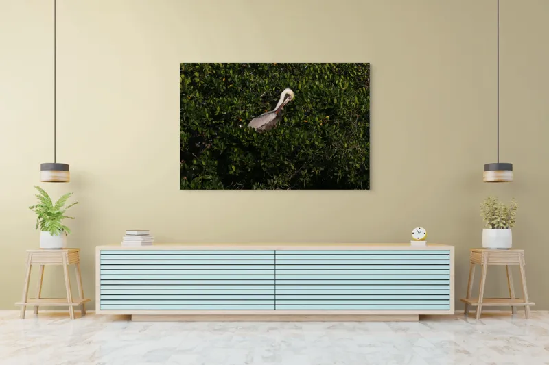 Tablou Canvas, "Pelicani printre frunze verzi", Pelican, Frunze, Verdeață, Lumină, Natură, Penaj, Odihnă, Camuflaj., 150 x 100 cm – poza 6