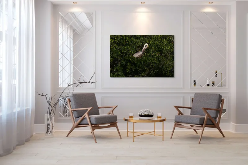 Tablou Canvas, "Pelicani printre frunze verzi", Pelican, Frunze, Verdeață, Lumină, Natură, Penaj, Odihnă, Camuflaj., 150 x 100 cm – poza 7