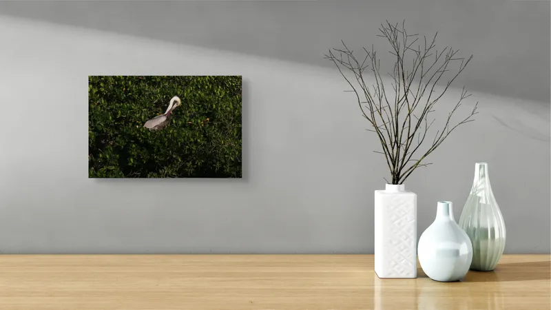 Tablou Canvas, "Pelicani printre frunze verzi", Pelican, Frunze, Verdeață, Lumină, Natură, Penaj, Odihnă, Camuflaj., 39 x 26 cm – poza 8