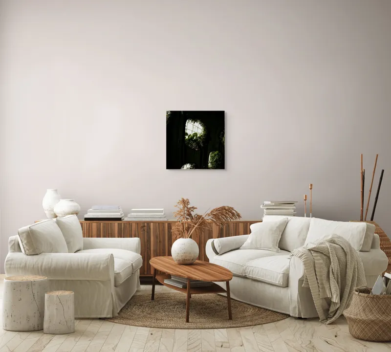 Tablou Canvas, "Grădina secretă din orașul industrial", Plante, Ferestre, Umbre, Lumină, Vegetație, Geometrie, Natură, Contrast, 50 x 50 cm – poza 7