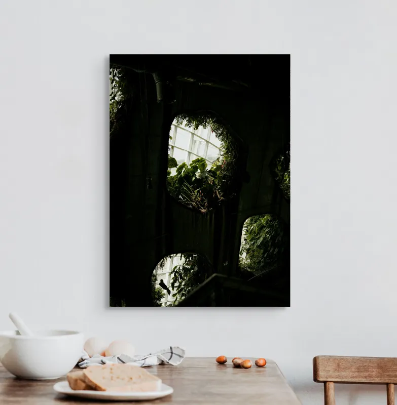 Tablou Canvas, "Grădina secretă din orașul industrial", Plante, Ferestre, Umbre, Lumină, Vegetație, Geometrie, Natură, Contrast, 50 x 70 cm – poza 3