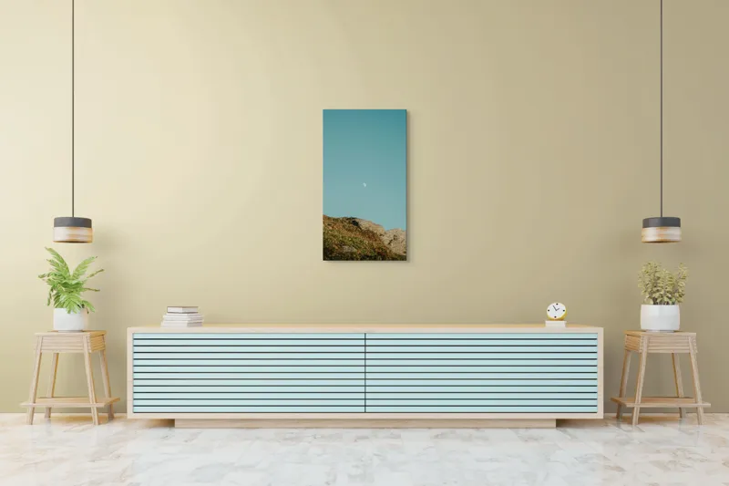 Tablou Canvas, "Luna meditând deasupra colțului stâncos", Cer, Lună, Stânci, Iarbă, Azuriu, Natură, Calm, Seninătate, 50 x 90 cm – poza 6
