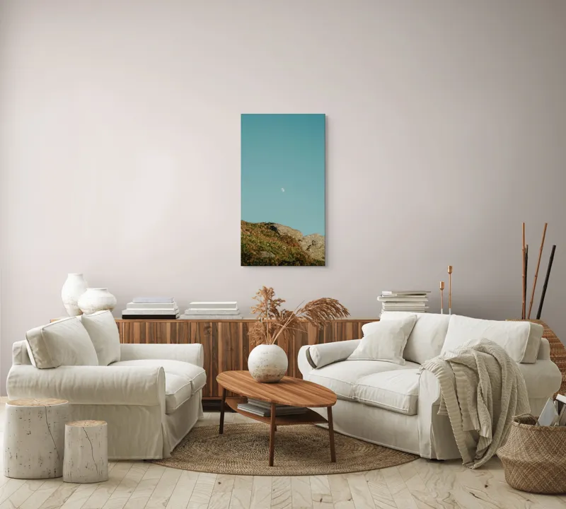 Tablou Canvas, "Luna meditând deasupra colțului stâncos", Cer, Lună, Stânci, Iarbă, Azuriu, Natură, Calm, Seninătate, 50 x 90 cm – poza 7