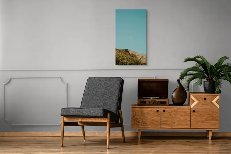 Tablou Canvas, "Luna meditând deasupra colțului stâncos", Cer, Lună, Stânci, Iarbă, Azuriu, Natură, Calm, Seninătate, 50 x 90 cm – poza 8