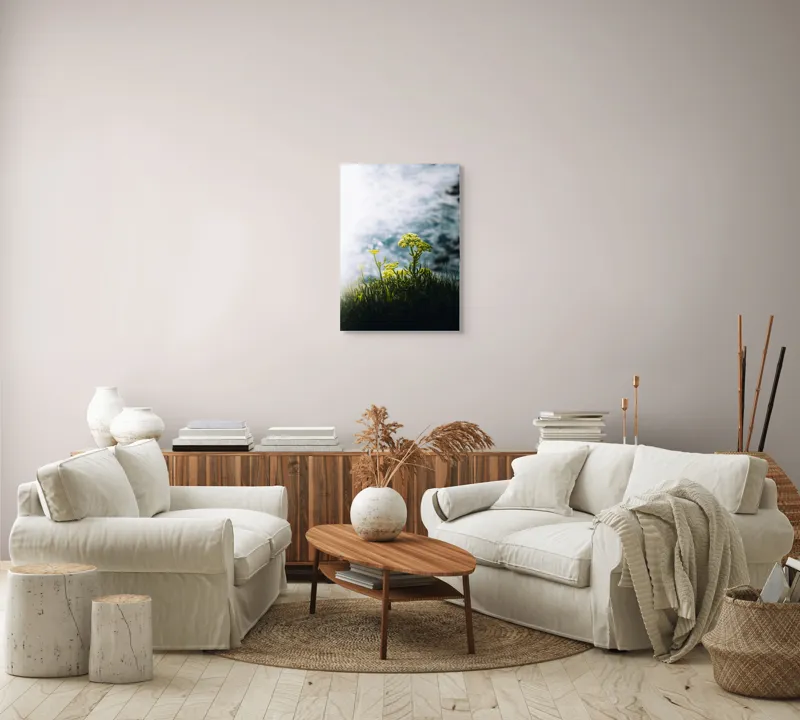 Tablou Canvas, "Flori sălbatice pe marginea mării", Flori, Lumina, Verdeață, Ocean, Strălucire, Contrast, Natură, Peisaj, Viață, Lumină, 50 x 70 cm – poza 4