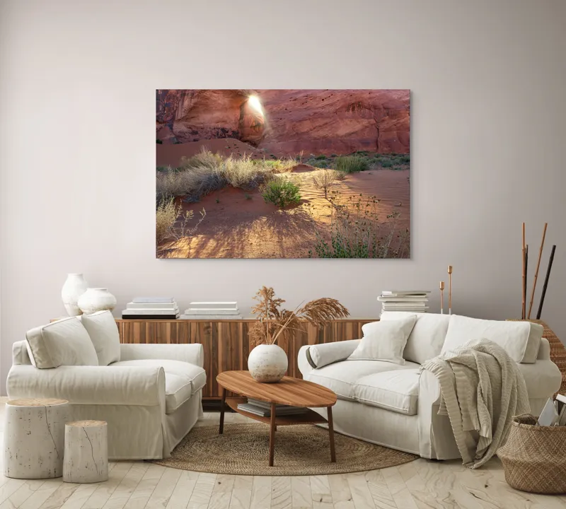 Tablou Canvas, "Lumina dimineții în deșert roșu", Arc, Lumină, Umbre, Dune, Vegetație, Roci, Nisip, Natură, Pustiu, Culoare., 150 x 100 cm – poza 3